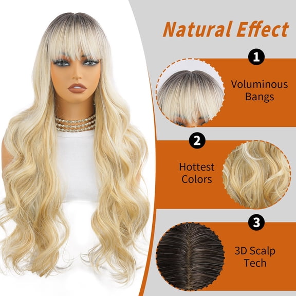 Wig for women with blonde gradient, large wavy long curly hair, natural full headband with bangs - high temperature silk material