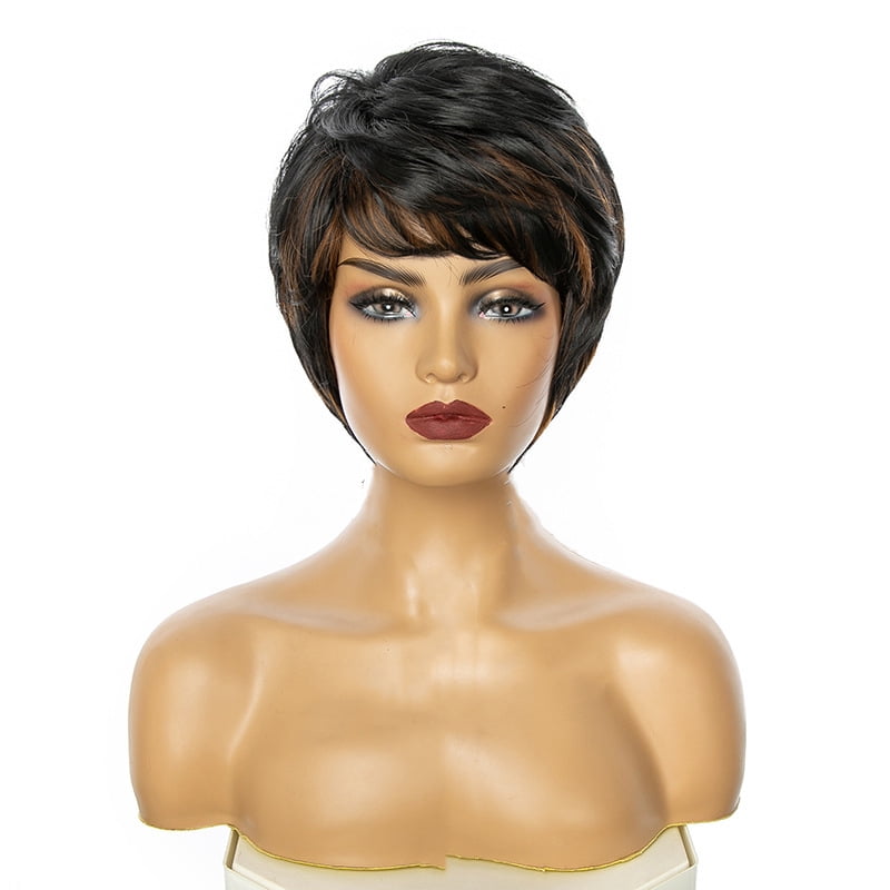 Wig short curly hair dark brown fluffy short bangs women's wig natural and realistic