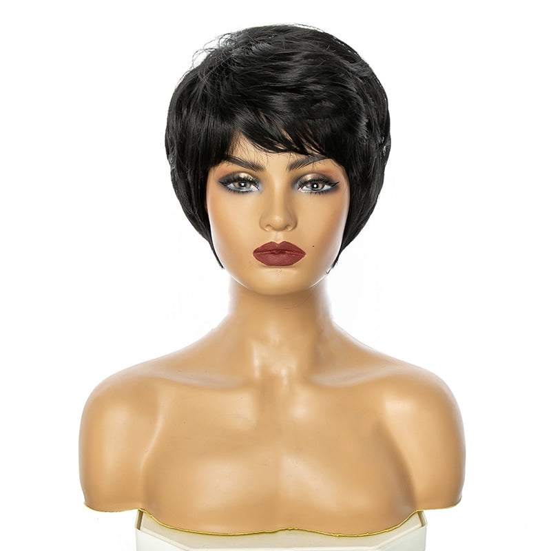 Wig short curly hair dark brown fluffy short bangs women's wig natural and realistic