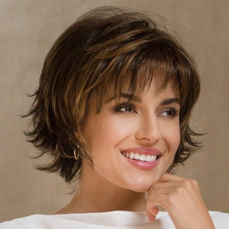 Wig short straight hair fluffy short bangs dark brown women's oblique bangs wig