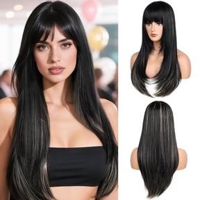 Wig with Bangs Long Straight Wig for Women, Layered Heat Resistant Synthetic Wigs for Daily and Party Use(Black Blonde Highlights, 26 Inch)