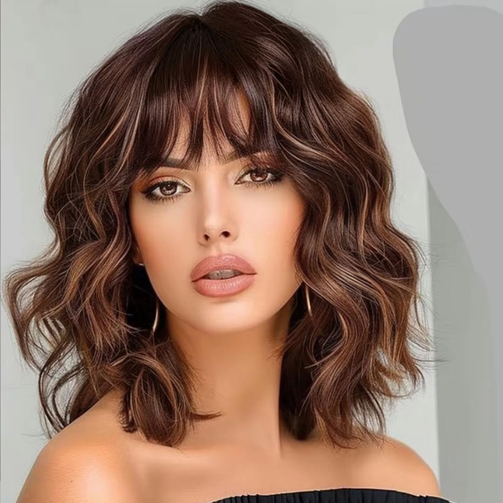 Wig with Bangs Short Bob Wigs for Women Shoulder Length Wavy Curly Wigs Synthetic Fiber Wigs 14 Inches for Daily Party Use