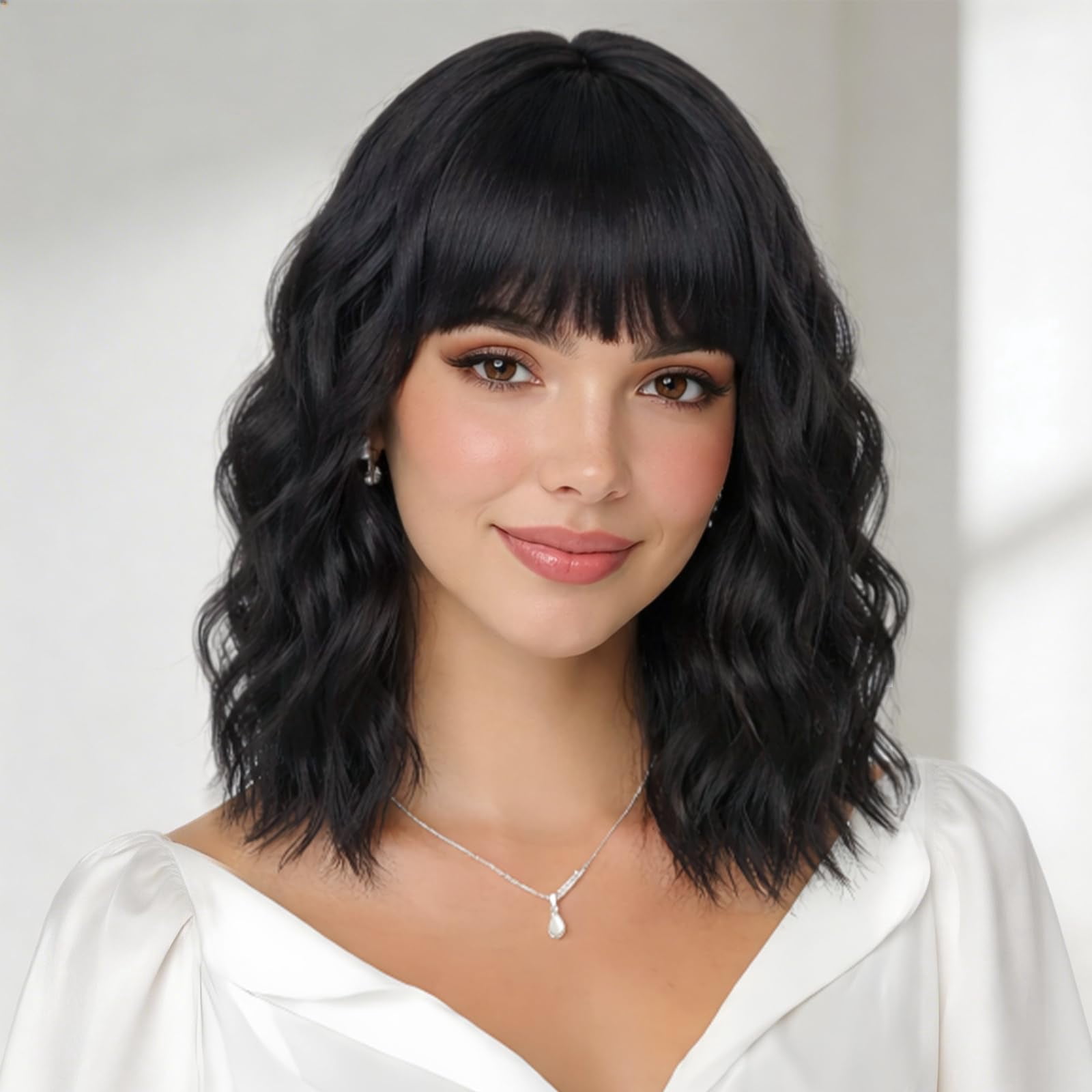Wig with Bangs Short Bob Wigs for Women Shoulder Length Wavy Curly Wigs Synthetic Fiber Wigs 14 Inches for Daily Party Use