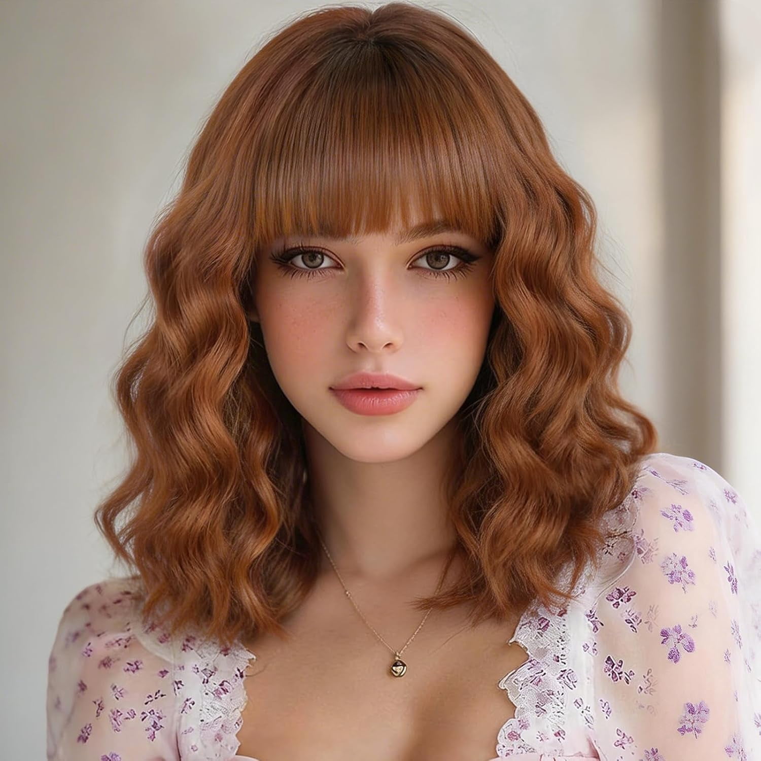 Wig with Bangs Short Bob Wigs for Women Shoulder Length Wavy Curly Wigs Synthetic Fiber Wigs 14 Inches for Daily Party Use