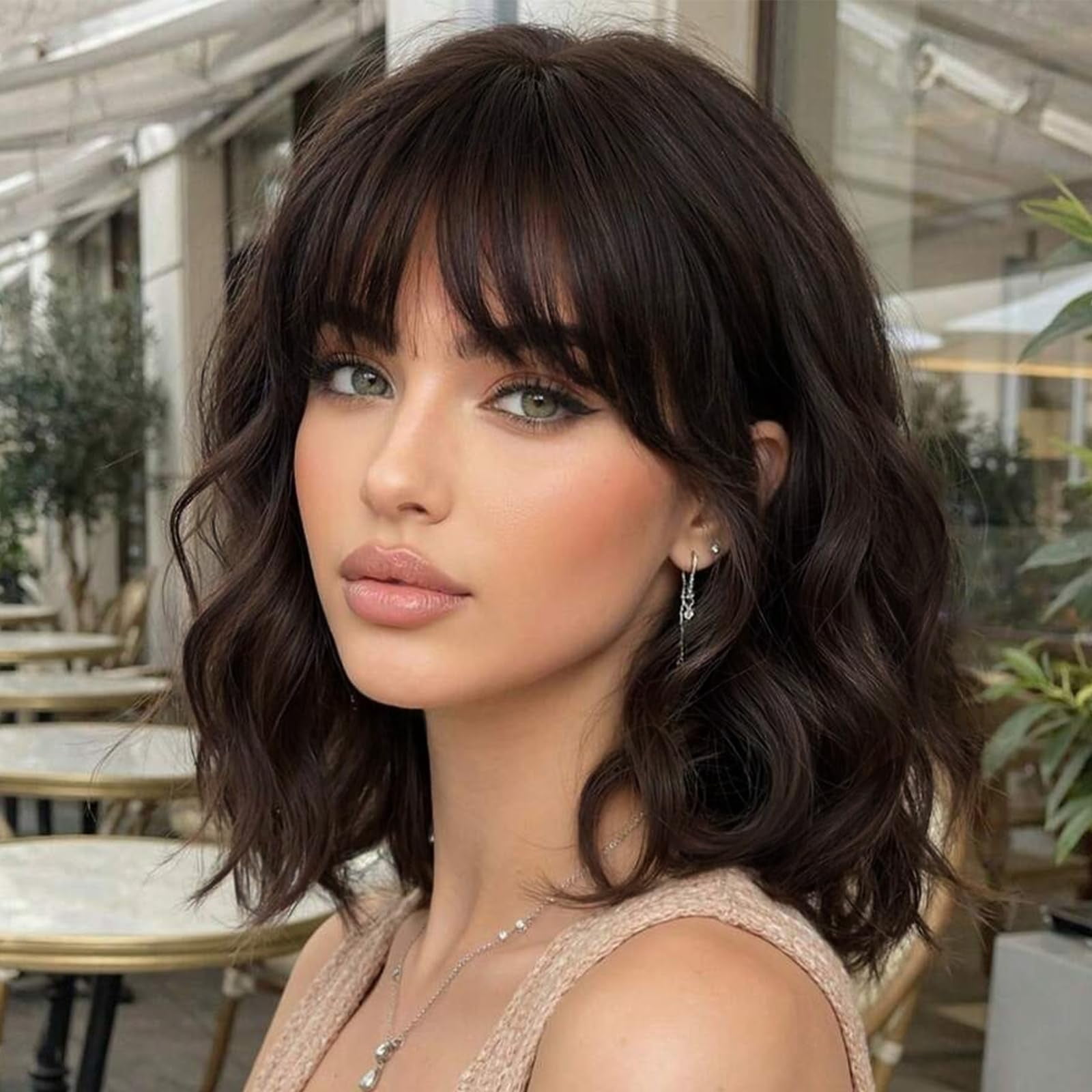 Wig with Bangs Short Bob Wigs for Women Shoulder Length Wavy Curly Wigs Synthetic Fiber Wigs 14 Inches for Daily Party Use