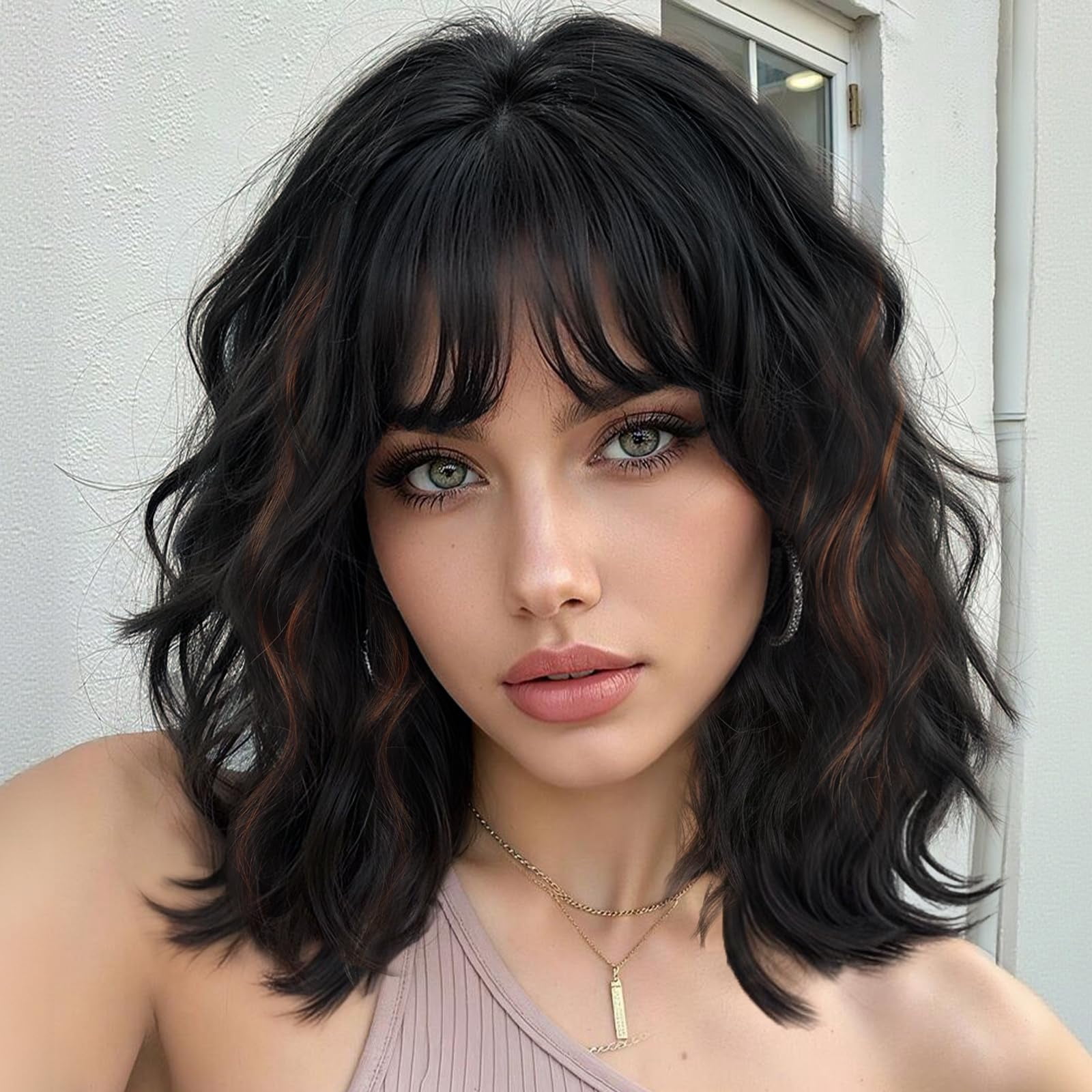 Wig with Bangs Short Bob Wigs for Women Shoulder Length Wavy Curly Wigs Synthetic Fiber Wigs 14 Inches for Daily Party Use