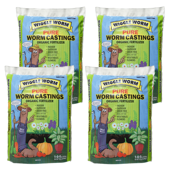 Wiggle Worm 100% Pure Organic Mineral-Dense Worm Castings Fertilizer, 15lbs, 4 Pack - Improves Soil Fertility and Aeration for Growing Better Houseplants, Vegetables, and More