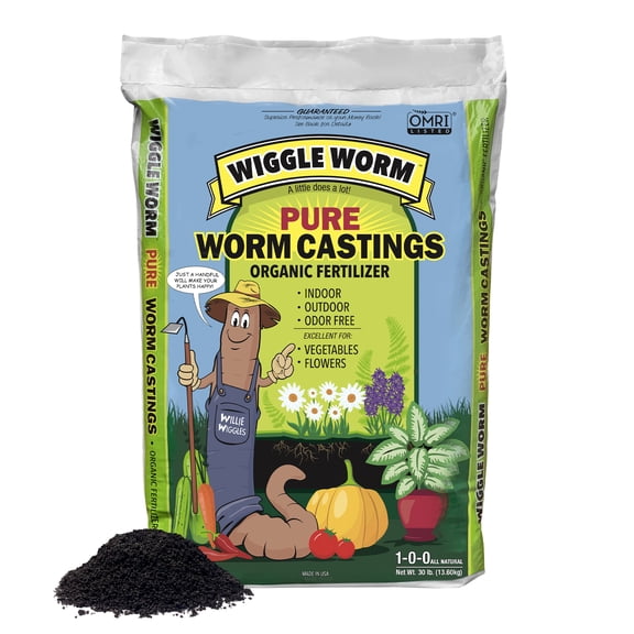 Wiggle Worm 100% Pure Organic Mineral-Dense Worm Castings Fertilizer, 30lbs - Improves Soil Fertility and Aeration for Growing Better Houseplants, Vegetables, and More
