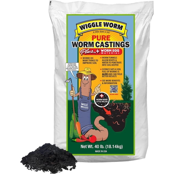 Wiggle Worm Pure Worm Castings Plus Worm Egg Material, 40lb | Fertilizer and Soil Amendment, Indoor and Outdoor Gardening, Improves Soil Fertility and Aeration, Organic and Odor Free