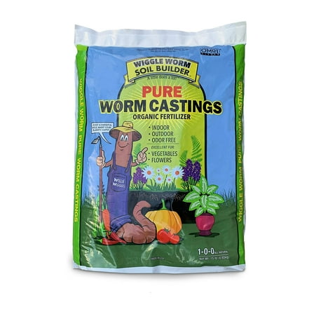 Wiggle Worm 100% Pure Organic Mineral-Dense Worm Castings Fertilizer, 15lbs - Improves Soil Fertility and Aeration for Growing Better Houseplants, Vegetables, and More