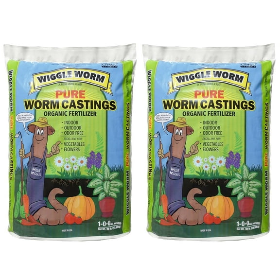 Wiggle Worm 100% Pure Organic Worm Castings Fertilizer, 30-Pounds - Improves Soil Fertility and Aeration for Houseplants, Vegetables, Gardens, and More OMRI-Listed and Mineral-Dense, 2 Pack