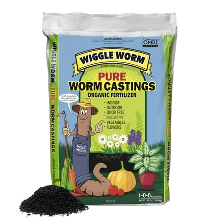 Wiggle Worm 100% Pure Organic Mineral-Dense Worm Castings Fertilizer, 30lbs - Improves Soil Fertility and Aeration for Growing Better Houseplants, Vegetables, and More