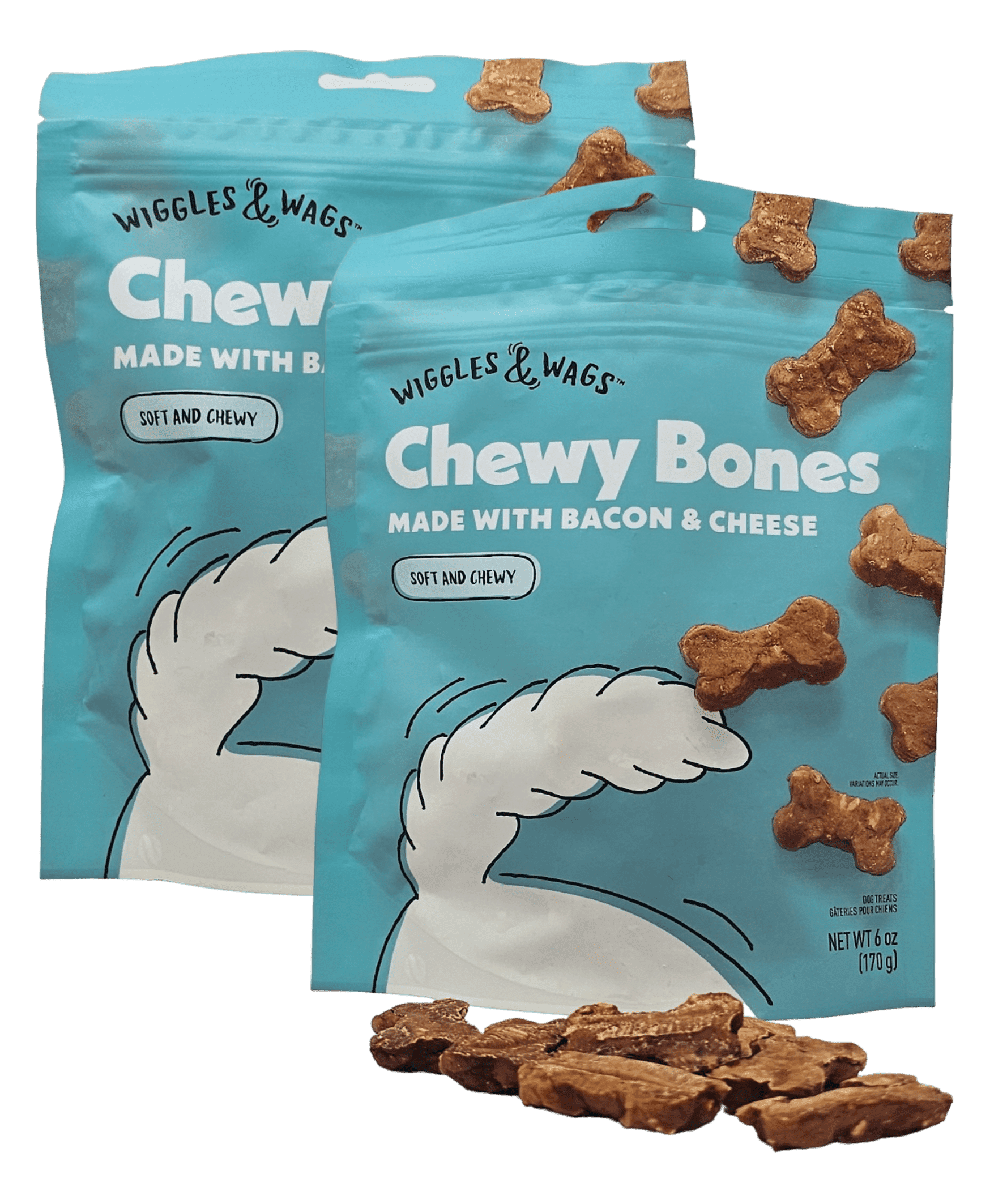 Wiggles & Wags Chewy Bacon and Cheese Bones Dog Treats, 6oz, Pack of 2