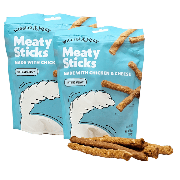 Wiggles & Wags Chewy Chicken and Cheese Meaty Sticks Dog Treats, 6oz, Pack of 2