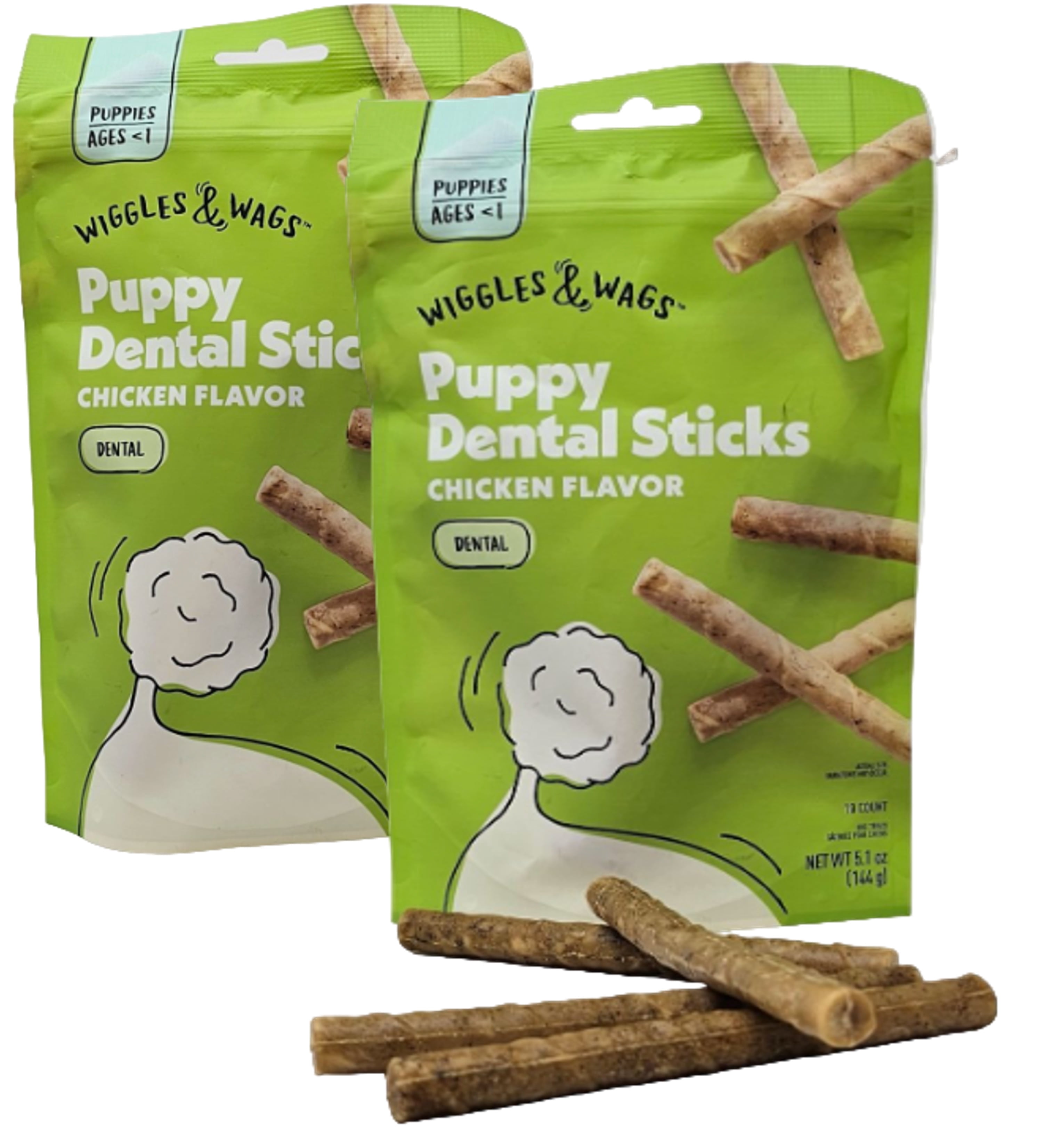 Wiggles & Wags Puppy Chicken Flavor Dental Stick Dog Treats, 5.1oz, Pack of 2