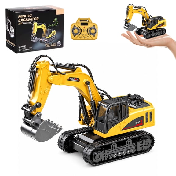 Wiggos Mini Excavator Toy, 1:64 RC Construction Vehicle Set, 2.4GHz Mini Remote Control Excavator Dump Truck Bulldozer Forklift, Remote & APP Dual Control, Lights Sounds, Rechargeable