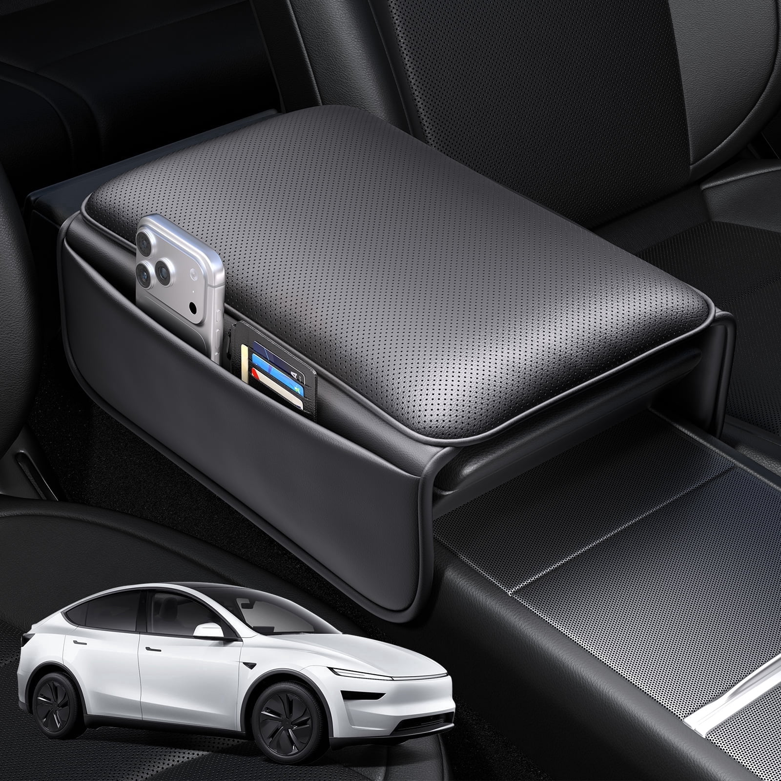 Wigoo Center Console Lid Cover for Tesla Model Y Juniper 2025-2026 & Model 3 Highland 2024-2026 (Standard, Premium & Performance), [Soft Support] Nappa Leather Armrest Protector Cover, Black