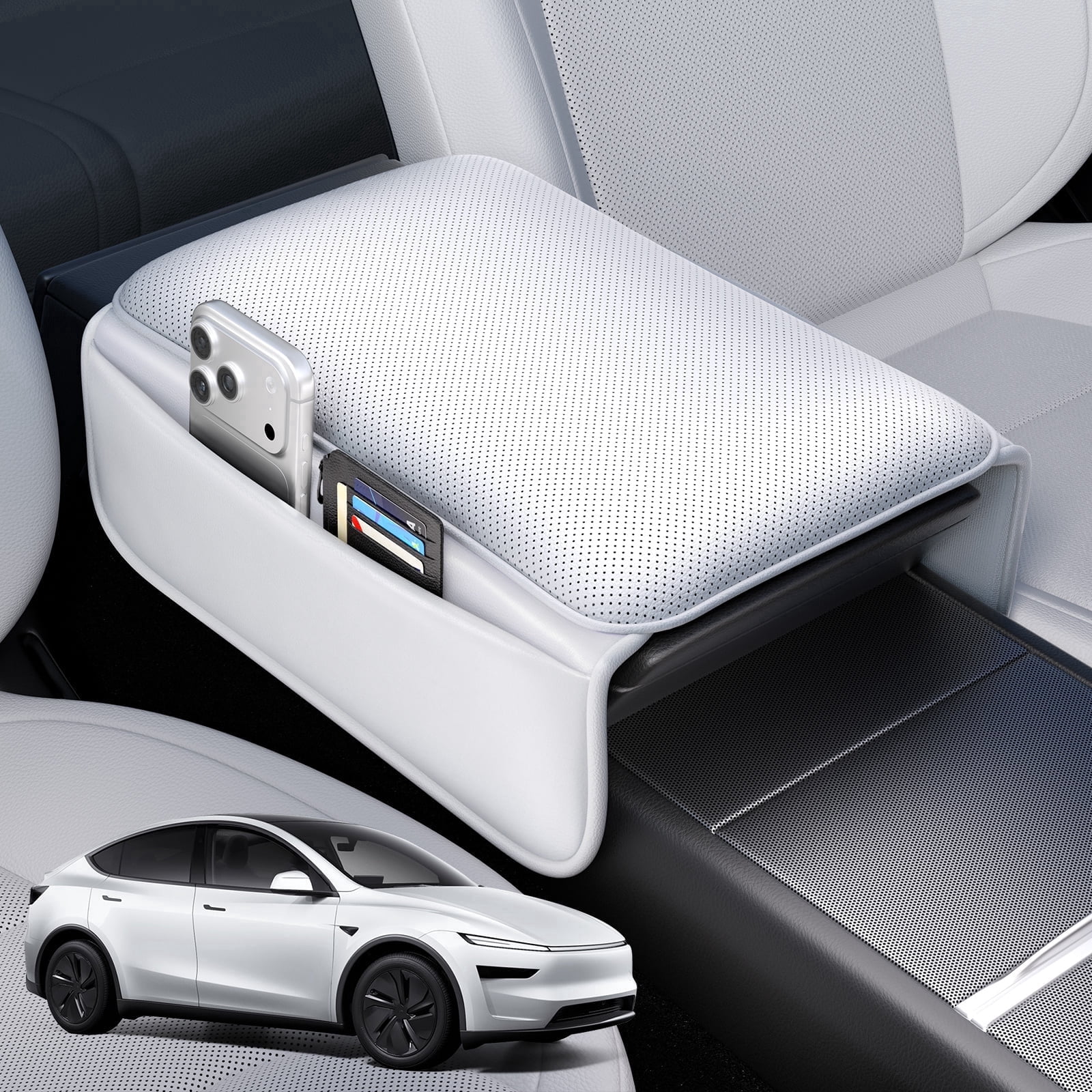 Wigoo Center Console Lid Cover for Tesla Model Y Juniper 2025-2026 & Model 3 Highland 2024-2026 (Standard, Premium & Performance), [Soft Support] Nappa Leather Armrest Protector Cover, White