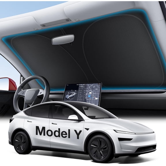 Wigoo Tesla New Model Y Accessories Windshield Sunshade [OEM Design, 100% Sun Blockage] Foldable Heat Insulation Sunshade with Storage Bag, for Model Y 2020~2026 (Juniper), Silver Coating