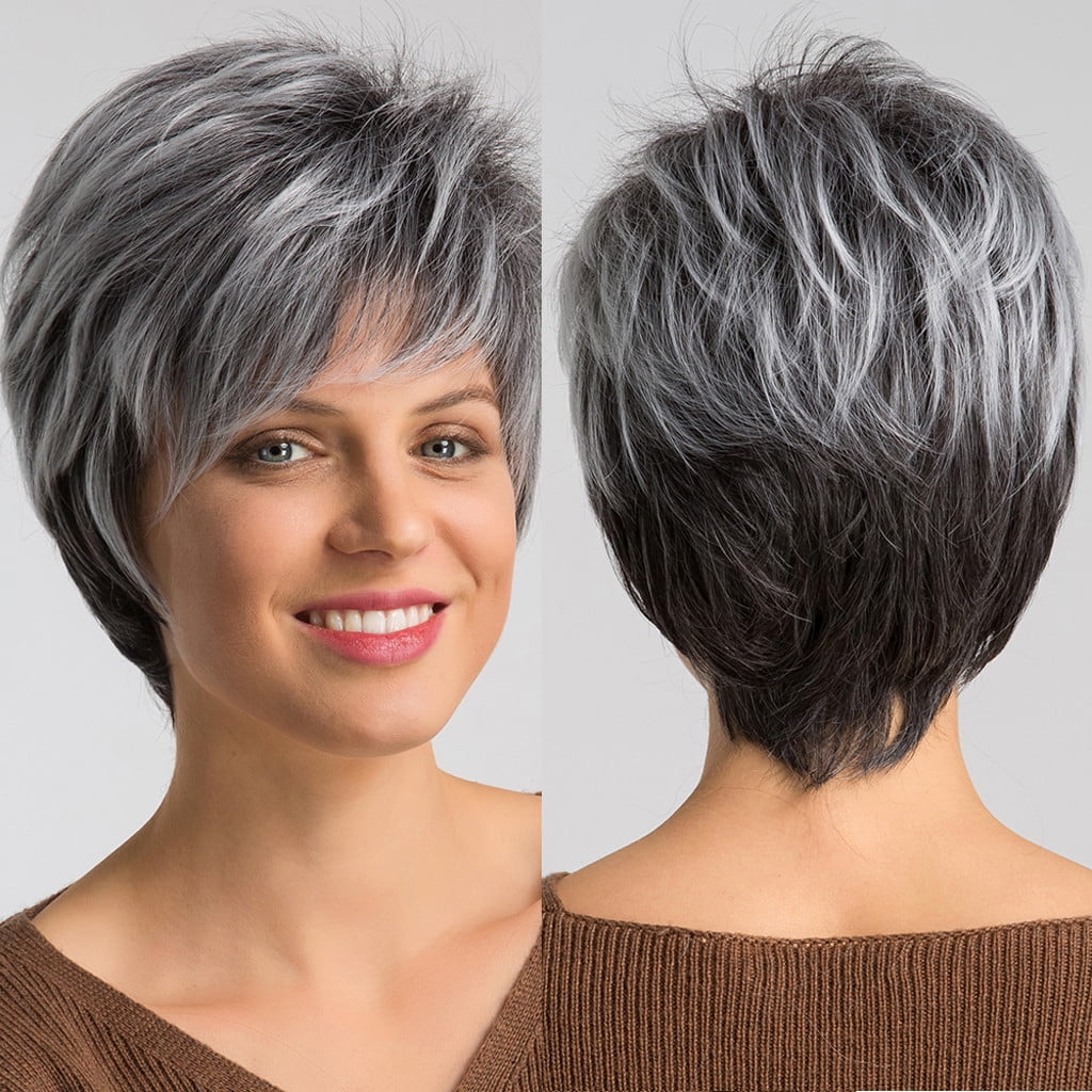 Wigs Human Hair, Fashion White Fiber Gray Hair and Heat Short Length