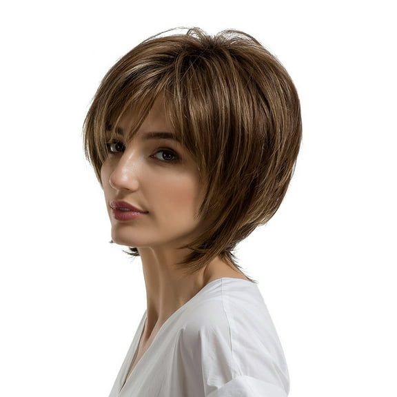 Wigs, Wigs for Women, Natural Brown Short Hair Side Parting Synthetic Female Daily Wig