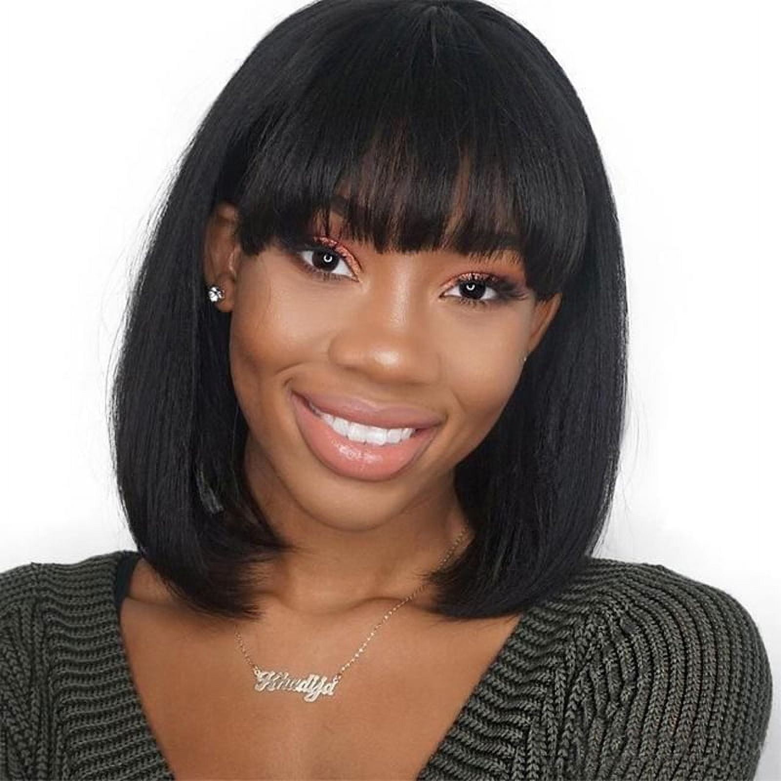 Wigs With Bangs Human Hair Bob Wig For Women Short 12inch 100% Remy Human Hair Wigs Non Lace Front Wigs Machine Made 150% Density Natural Black Color