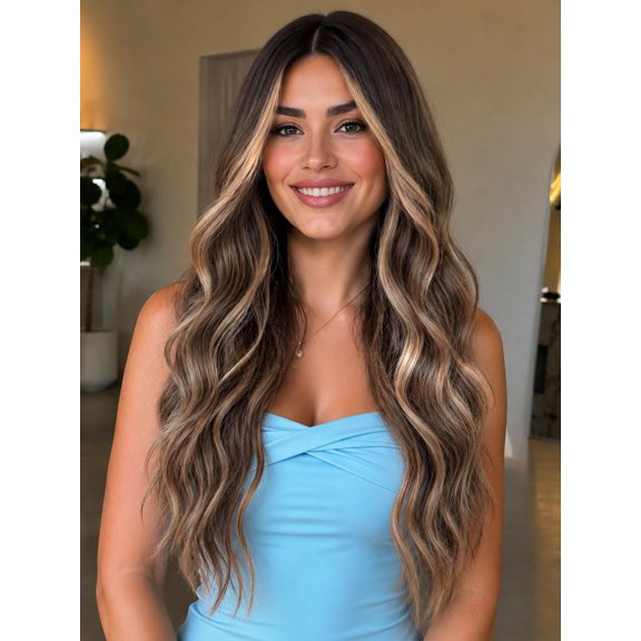 Wigs For Women, 26 Inch 4x1 Lace Glueless Wavy Wig | Middle Part Lace, Natural Hairline, Glueless Design, Beginner Friendly, Soft Wavy For Daily.,Dark Brown Mixed Blonde