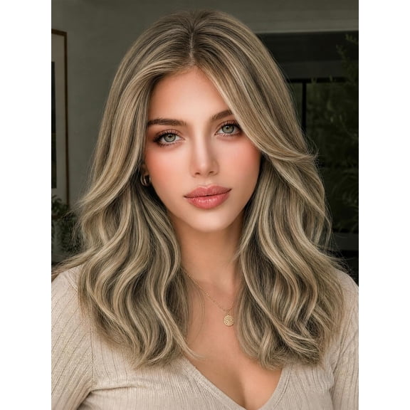 Wigs for Women Synthetic Layered Wavy Glueless Wig Curtain Bang Style, Realistic Scalp Look, Natural Lace Hairline, 18 Inch Layered Volume, Heat Resistant Fiber, Daily Wear,Ash Blonde Balayage