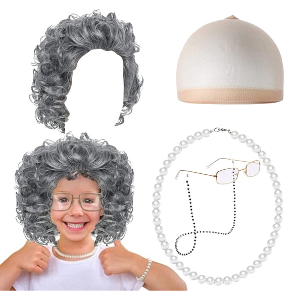 Wigs for Women Old Lady Costume for Kids 100 Days of School Bun Wig Glasses Wig Cap Pearl Necklace Accessories Wigs Human Hair Lace Front Wigs Back to Dorm for wedding