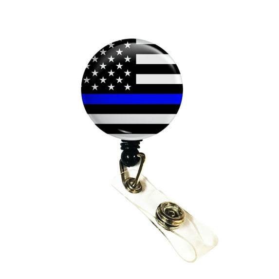 WigsPedia Rhinestone Retractable Badge Reel/ID Badge Holder - Thin Blue Line Flag with Swivel Alligator Clip