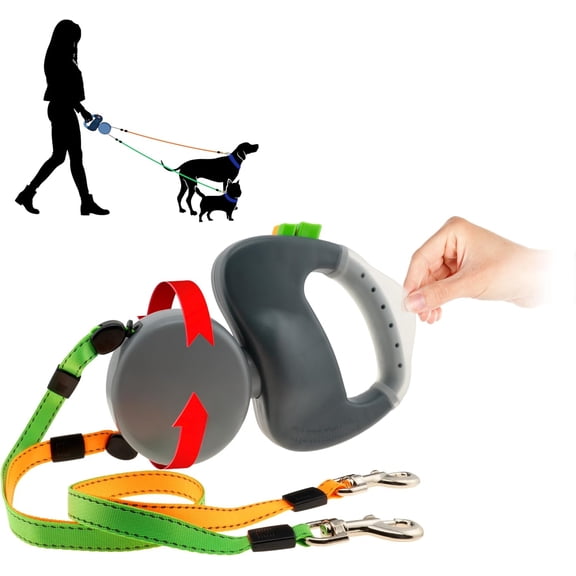 Wigzi - 2025 Edition - 2 Dog Retractable Leash – Featuring Our Incredible Silicone Gel Handle - No Tangle Engineering. Each Dog 50 lb up to 10 ft Distance. Lock and Unlock Easily. Reflective Webbing.