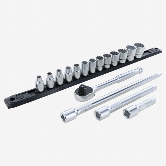 Wiha 33790 SAE Socket Set, 12 Point 3/8" Drive with Ratchet & Extensions, 17 Pieces