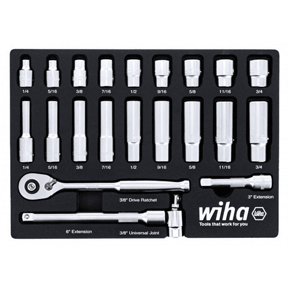 Wiha 33796 SAE 3/8" Drive Professional Socket Tray Set, 22 Pieces