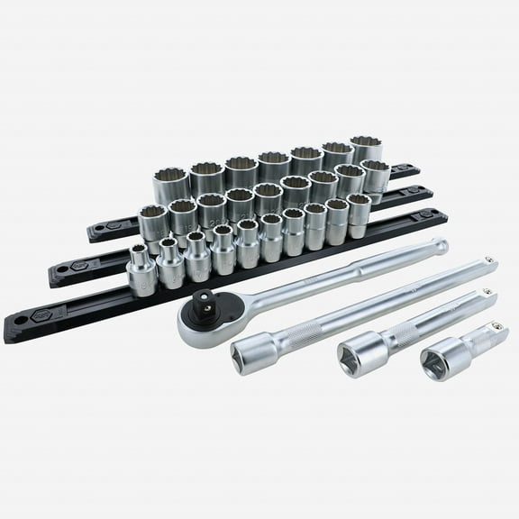 Wiha 33891 Metric Socket Set, 12 Point 1/2" Drive with Ratchet & Extensions, 30 Pieces