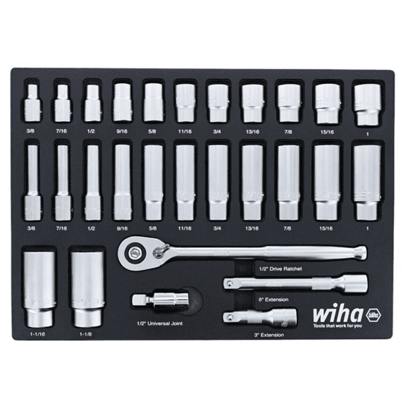 Wiha 33896 SAE 1/2" Drive Professional Socket Tray Set, 28 Pieces