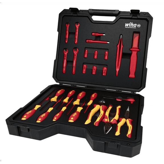 Wiha Tools Insulated 26 Piece Tool Set with Sockets, Ratchets, Extension Bars, Wrenches, Pliers, Cutters, Screwdrivers, Cable Stripping Knife, and Tweezers in 18.11" L x 14.56" W x 4.33" H Tool Case.