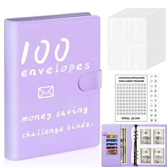 Wiher 100 Envelopes Money Savings Challenges Book,Storage Budgeting Binder Budget Book Cash Saving Challenge Box kit with Pouches,Family Emergency Binder (Purple)