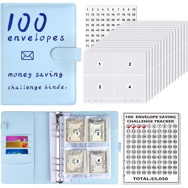 $5050 Savings Challenge Binder – 100 Envelopes System With Book & Envelopes, Save Money