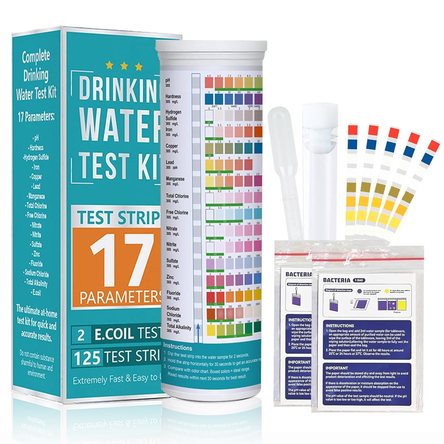 17-in-1 Premium Drinking Water Test Kit - 100 Strips 2 Bacteria Tests - Home Water Quality Test - Good and Tap Water - Easy Test for Members, Bacteria, Hardness, Fluoride, PH 17-in-1 Premium Drinking Water Test Kit - 100 Strips 2 Bacteria Tests - Home Water Quality Test - Good and Tap Water - Easy Test for Members, Bacteria, Hardness, Fluoride, PH