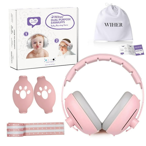 Wiher 2-in-1 Baby Ear Muffs Noise Protection, Adjustable Baby Headphones with Stretchy Band, Noise Cancelling Headphones for Baby & Toddler up to 4 Years, Baby Airplane Essentials/Outdoor Pink
