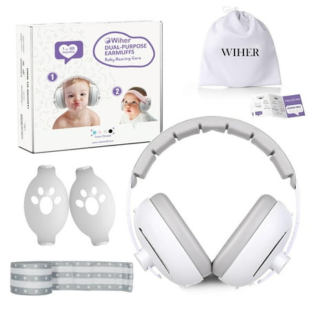 Wiher 2-in-1 Baby Ear Muffs Noise Protection, Adjustable Baby Headphones with Stretchy Band, Noise Cancelling Headphones for Baby & Toddler up to 4 Years, Baby Airplane Essentials/Outdoor White