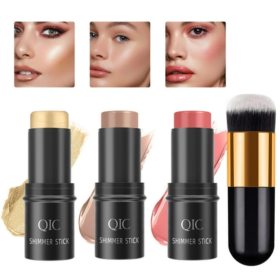 Wiher 3Pcs Cream Contour Stick Makeup Kit,Shades with Highlighter Stick,Blush Stick and Bronzer Contour Stick for Sculpt the Cheeks,Long Lasting,Waterproof,Matte & Dewy Finish (with Contour Brush)