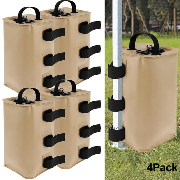 Wiher 4 Pack Canopy Weights, 10L Heavy Duty Canopy Water Weight Bag with 3 Magics Stick Nylon Handles, Leakproof Foldable Design for Canopy, Outdoor Gazebos, Sun Umbrellas, Awnings(Khaki)