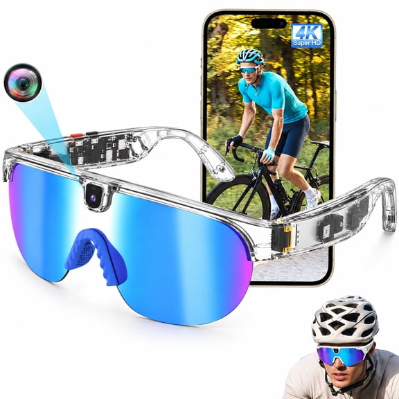 Wiher AI Smart Camera Glasses, Outdoor Sports Glasses with 4K 8MP 1200P HD Anti-Shake Camera Sunglasses for Men and Women, for Outdoor Sports Cycling Hiking Skiing(Blue)