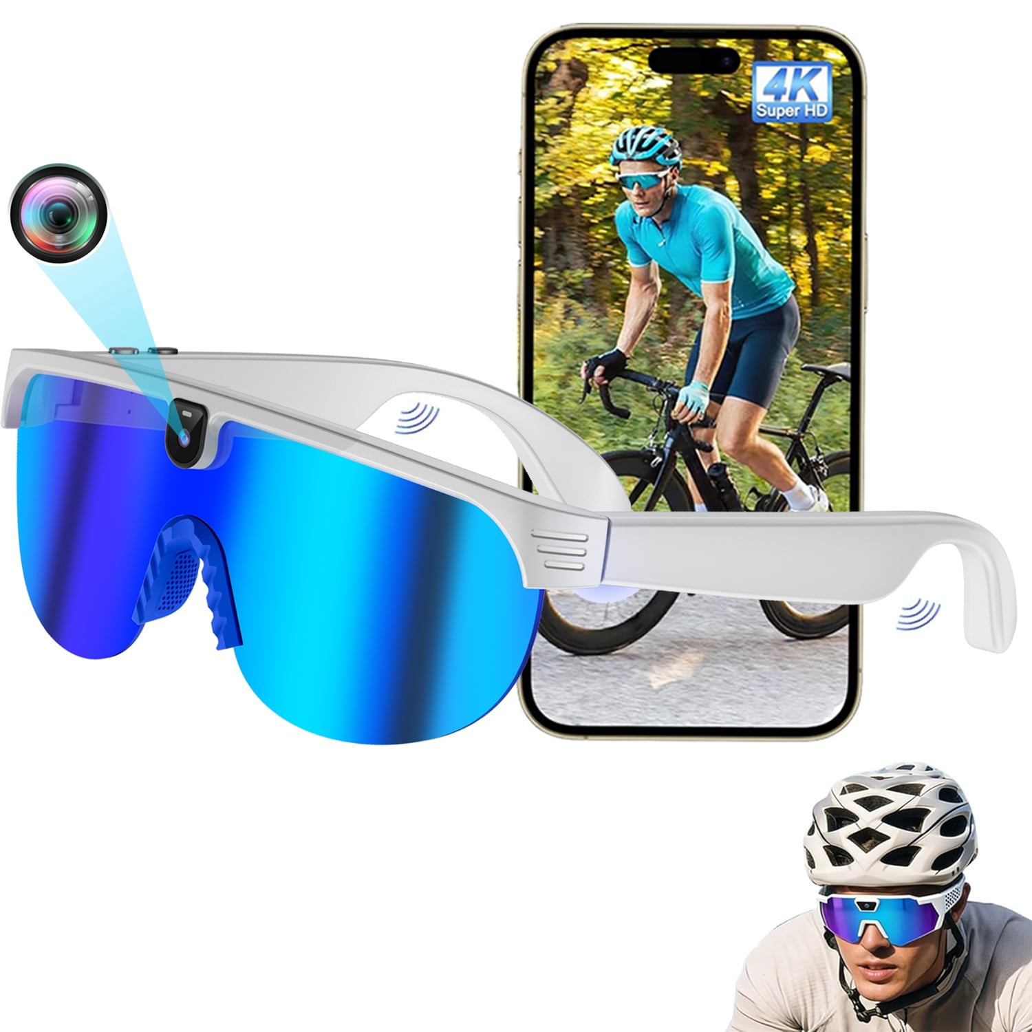 Wiher AI Smart Camera Glasses, Outdoor Sports Glasses with 4K 8MP 1200P HD Anti-Shake Camera Sunglasses for Men and Women, for Outdoor Sports Cycling Hiking Skiing(Blue)