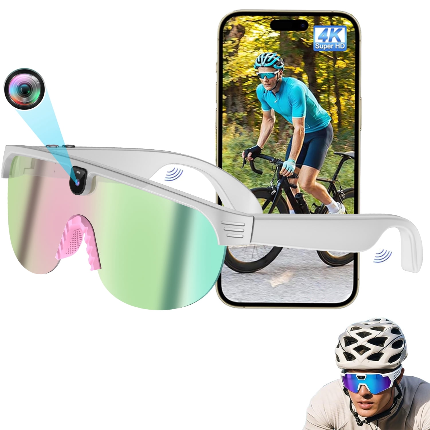 Wiher AI Smart Camera Glasses, Outdoor Sports Glasses with 4K 8MP 1200P HD Anti-Shake Camera Sunglasses for Men and Women, for Outdoor Sports Cycling Hiking Skiing(Color)
