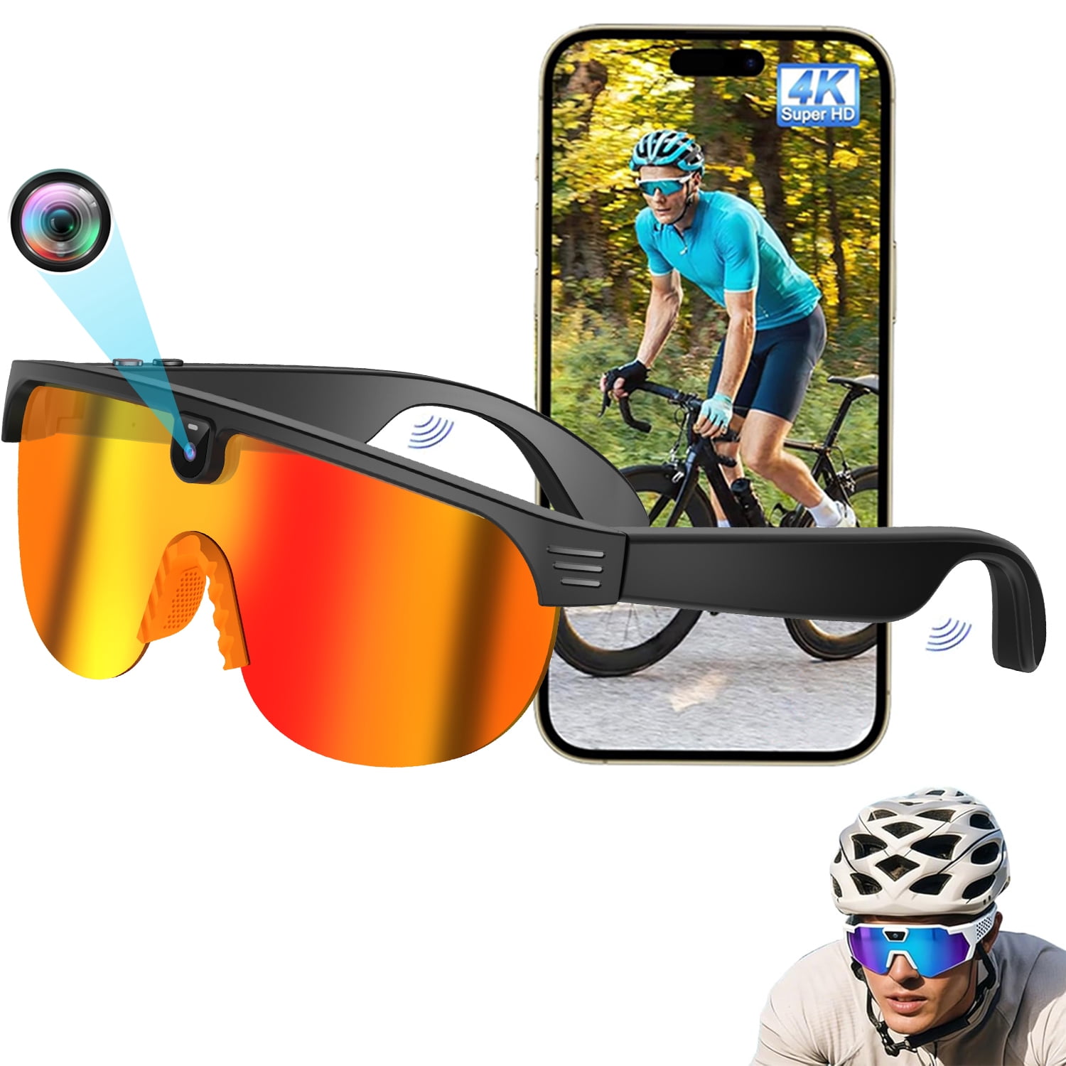 Wiher AI Smart Camera Glasses, Outdoor Sports Glasses with 4K 8MP 1200P HD Anti-Shake Camera Sunglasses for Men and Women, for Outdoor Sports Cycling Hiking Skiing(Orange)