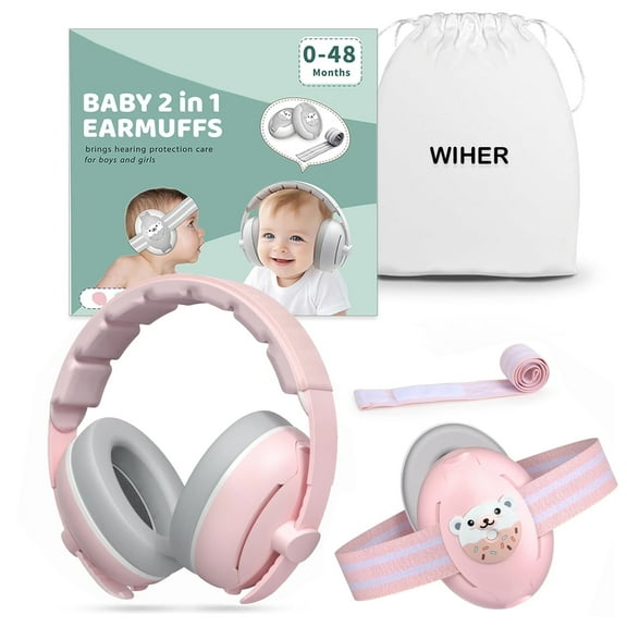 Wiher Baby Ear Muffs, 2-in-1 Baby Headphones for Noise Protection, Adjustable Noise Cancelling Headphones for Children 0-48 Months, Dual Wearing for Sleep, Plane, Outdoor Travel, Pink