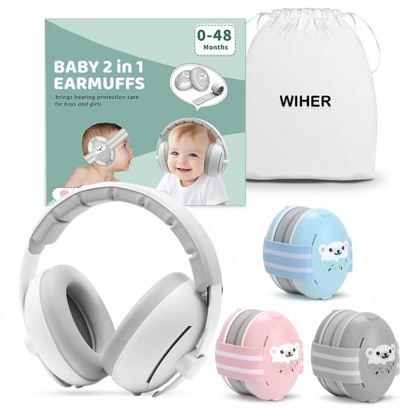 Wiher Baby Ear Muffs, 2-in-1 Baby Headphones for Noise Protection, Adjustable Noise Cancelling Headphones for Children 0-48 Months, Dual Wearing for Sleep, Plane, Outdoor Travel, White