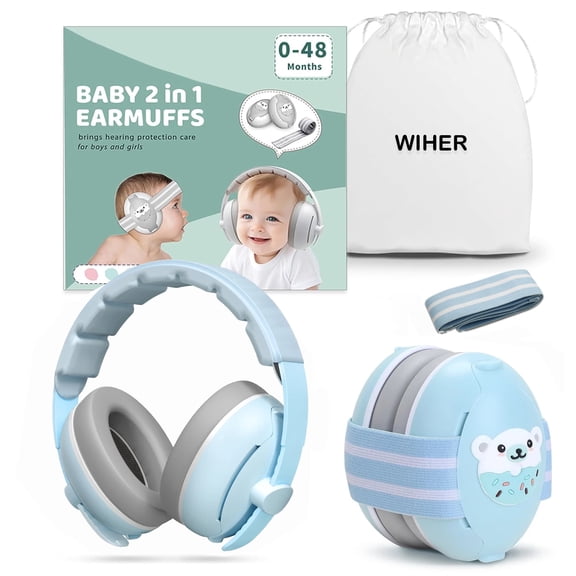 Wiher Baby Ear Muffs, 2-in-1 Baby Headphones for Noise Protection, Adjustable Noise Cancelling Headphones for Children 0-48 Months, Dual Wearing for Sleep, Plane, Outdoor Travel, Blue